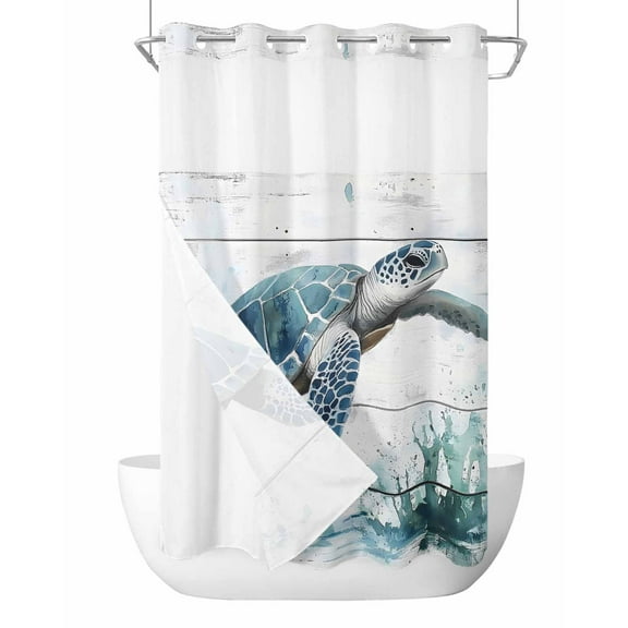 No Hook Shower Curtains with Snap in Liner, Teal Green Sea Turtle Waterproof Fabric Shower Curtain, Summer Ocean Vintage Wood Grain Double Layers & See-Through Top Window Bathroom Curtains 54''x78''