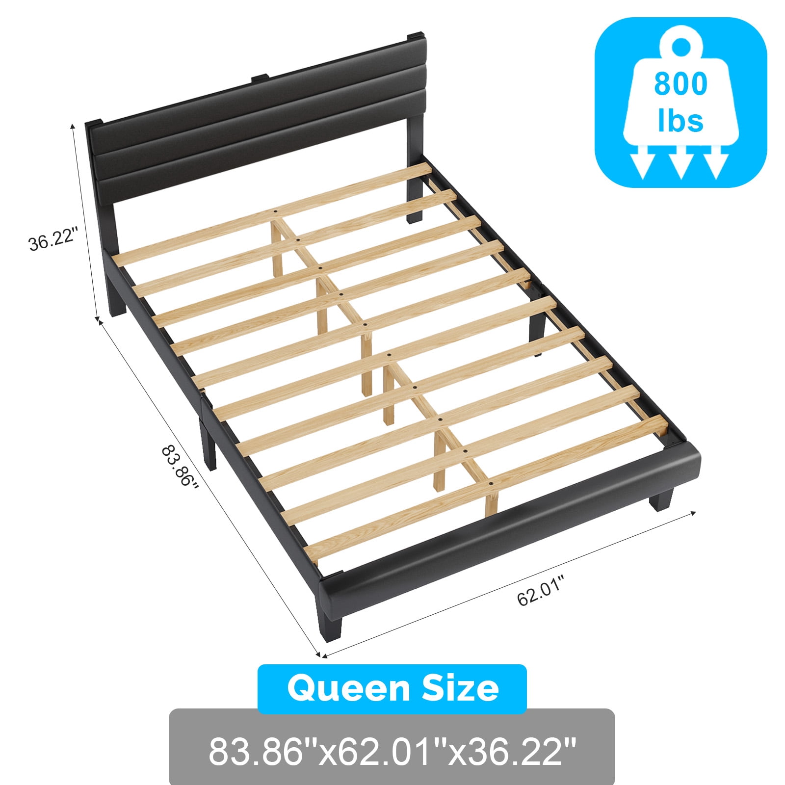 Ktaxon Upholstered Queen Size Bed Frame, Platform Bed  with Headboard, Black