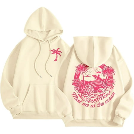 Aelfric Eden Palm Puff Oversized Hoodies for Women, Teen Girls Preppy Sweatshirt Long Sleeve Y2K Graphic Tees with Pockets