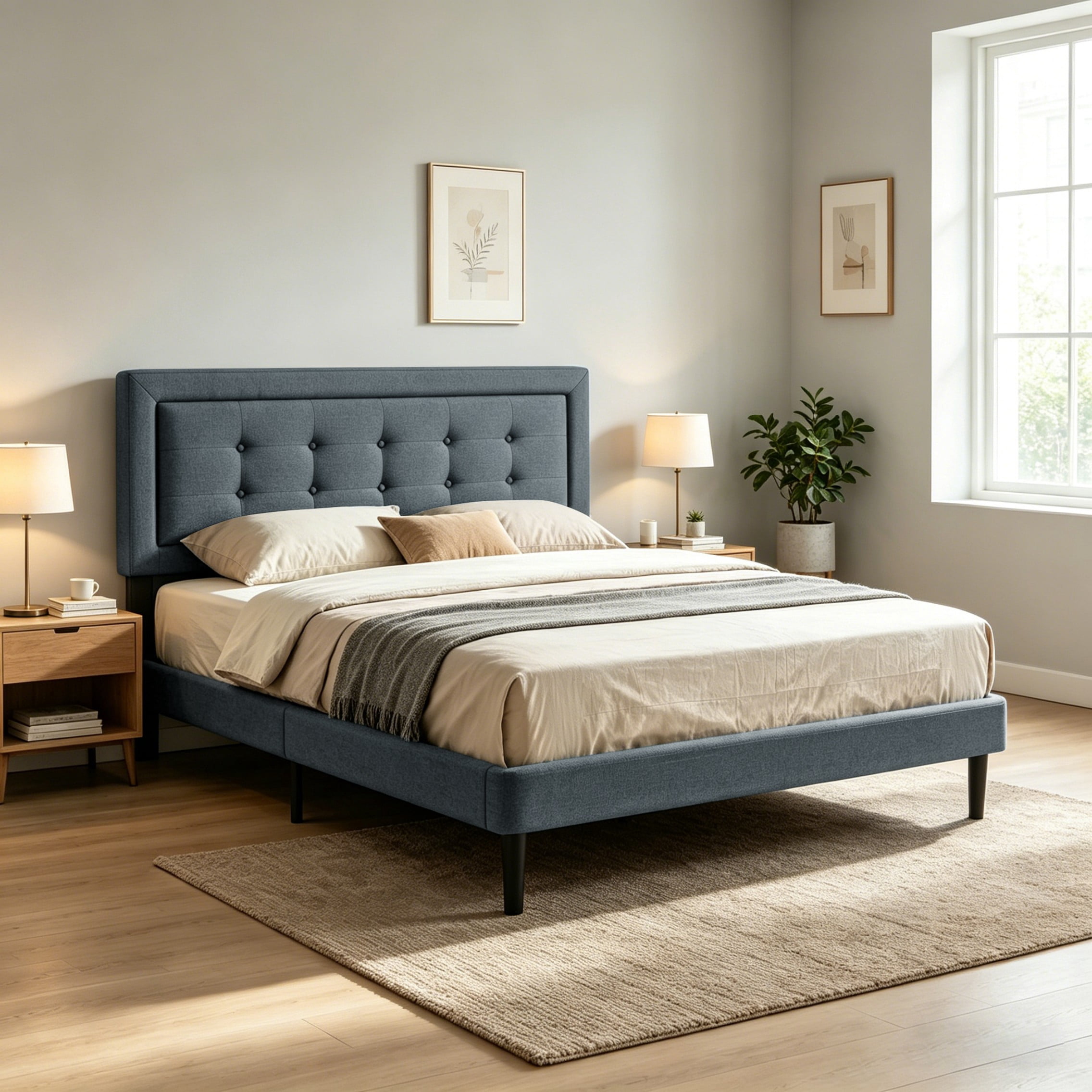 BSHTI Full Size Platform Bed Frame with Square Tufted Upholstered Headboard – Solid Wood Frame, 12 Wood Slats, Center Support Leg, Under-Bed Clearance, No Box Spring Needed