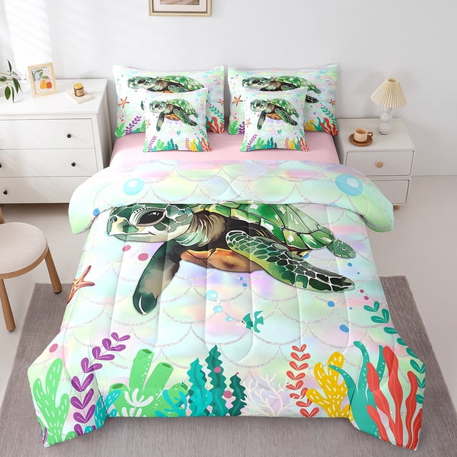 YST 7-Piece Mermaid Scale Turtle Printed Comforter Set, Coastal Beach Twin Bedding Set, Polyester, Twin
