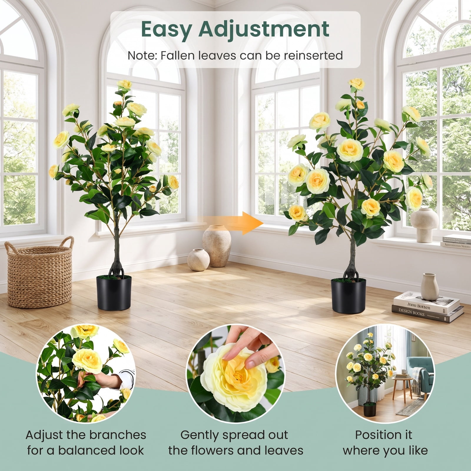 Vebreda Artificial Plant Decor, 2-Pack Artificial Camellia Tree Faux Flower Plant in Cement-Filled Pot, Lifelike & Elegant Design