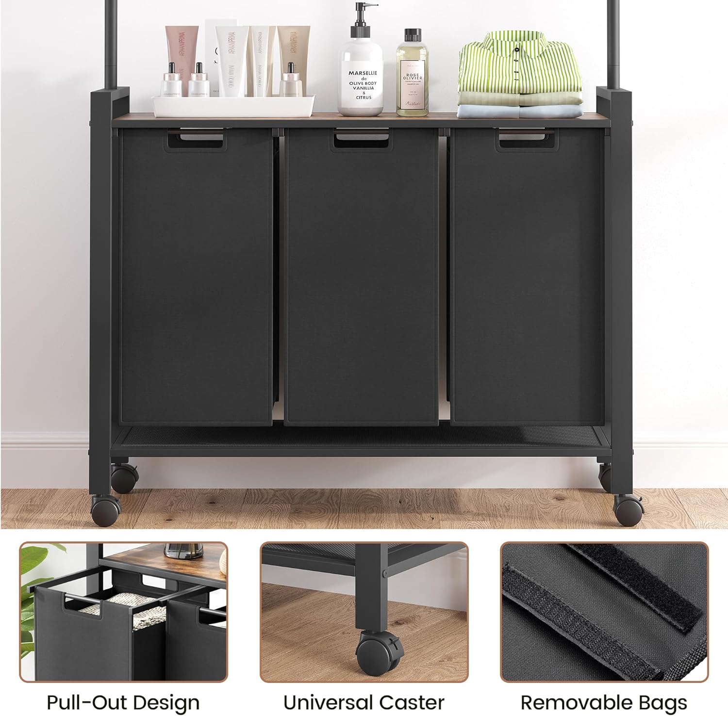 Laundry Hamper Sorter with Retractable Hanging Rod & Locking Wheels - Heavy Duty Laundry Room Organizer with Shelf，3 Hamper