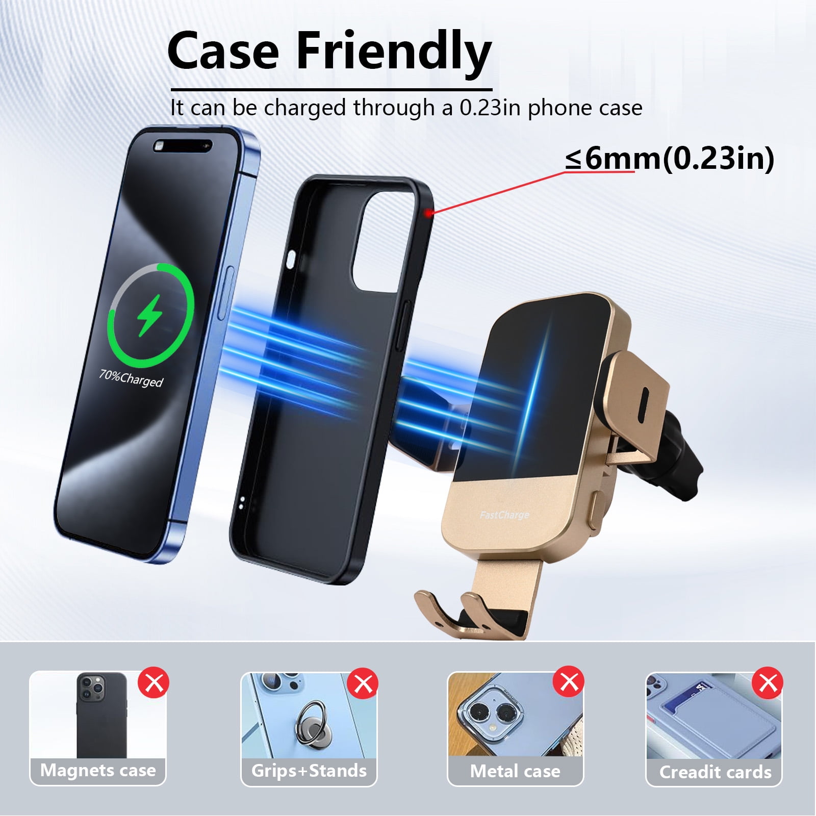Wireless Car Charger, 15W Fast Charging Auto Clamping Phone Holders for Your Car Phone Mount for Car fit for iPhone 17 16 15 14 13 12 Pro Max 11 XR XS, Samsung Galaxy S25 Ultra S24 S23, Gold
