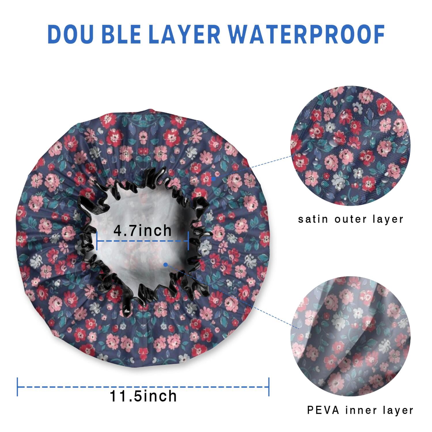 Shower Caps,Pioneer Flower Floral Print Pattern Waterproof Shower Cap for Women 4 Pieces,Double Reusable Hair Cover for Shower PEVA Elastic Stretch Hem