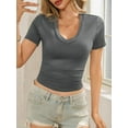 thumbnail image 2 of Summer Short Sleeved Deep V-neck Solid Color Women Slim Fit T-shirt, 2 of 5