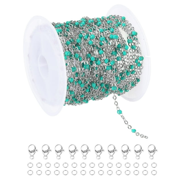 Cadena de cuentas de acero inoxidable Uxcell, 16.4 pies/5 m, cable de joyería con cuentas de esmalte (plata/verde pino, paquete de 1)