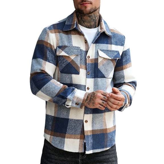 MXALUOB Men's Shirt Jacket Vintage Plaid Button Front Loose Fit Overshirt with Chest Pockets Long Sleeve Spread Collar Casual Jackets