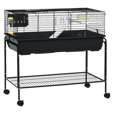 Guinea Pig Cage Two-Story with Shelf & Wheels, Small Animal Habitat for Ferret, Chinchilla, Hedgehog, 39x20.5x36.5 Inch, Black