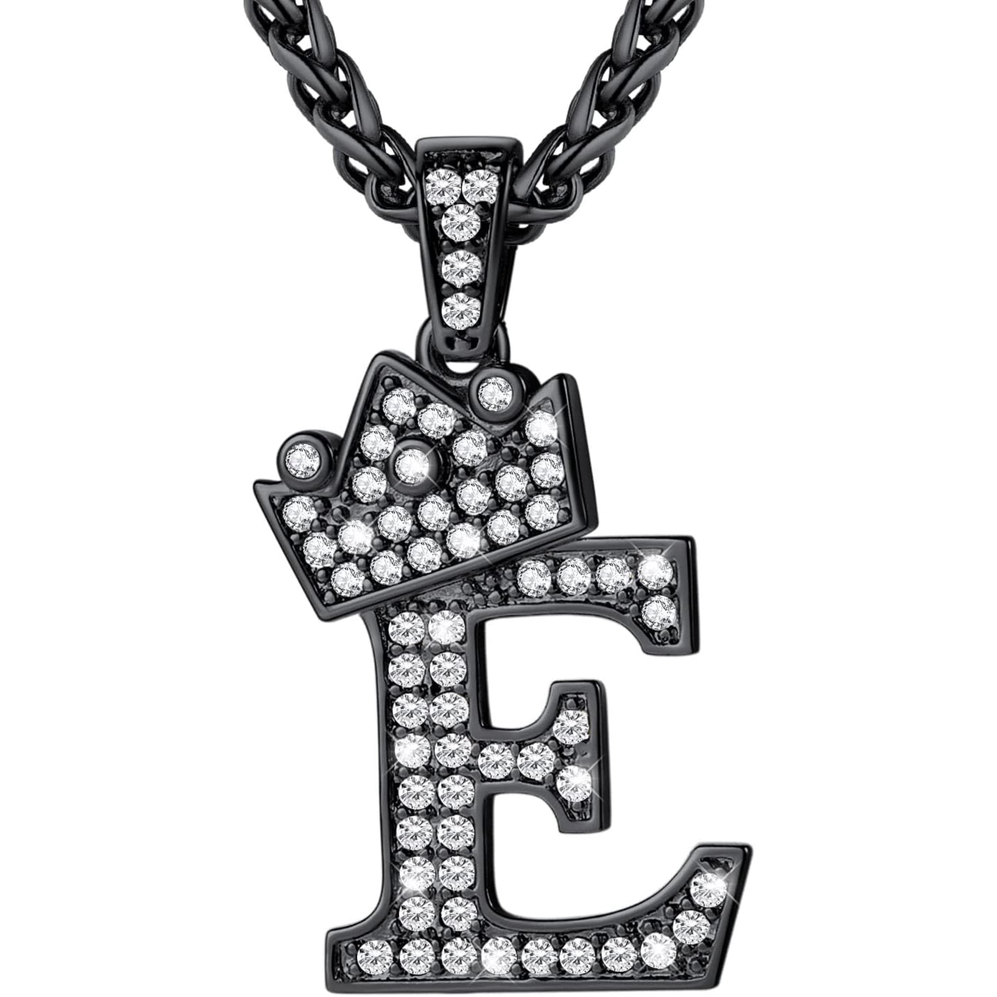 Crown Initial A-Z Necklace, Iced Out Letter Pendant With 22-24 Inch Chain, Men Women Bling Hip Hop Alphabet Name Jewelry Big Initials Necklaces Color Steel,Black,Gold[o838]