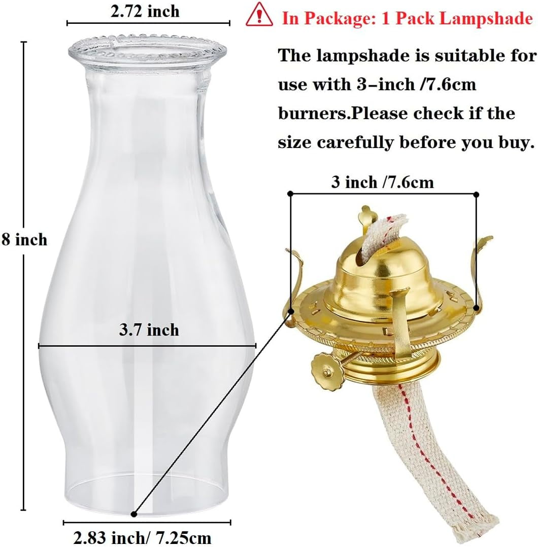 ABPETE Oil Lamp Chimney Replacement,3 Inch x 8 Inch Kerosene Lamp Globe,Clear Glass Oil Lamp Globe, Crimped Top Hurricane Lamp Shade Cover,Glass Chimney for Oil Lamps(1 Pack)