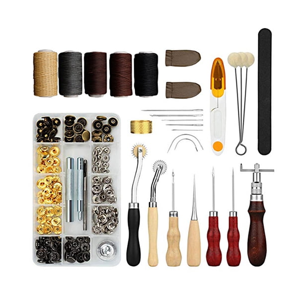Kit completo de 46 herramientas para costura y trabajo en cuero - Incluye hilo encerado, dedales, tijeras, lijas y accesorios premium para artesanías en piel. ¡Perfecto para proyectos DIY!