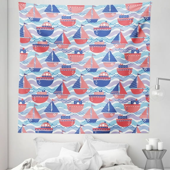 Maritime Tapestry, Continuous Sailing Boats Waves Anchor Sea Theme Illustration, Fabric Wall Hanging Decor for Bedroom Living Room Dorm, 5 Sizes, Pink Ceil Blue, by Ambesonne