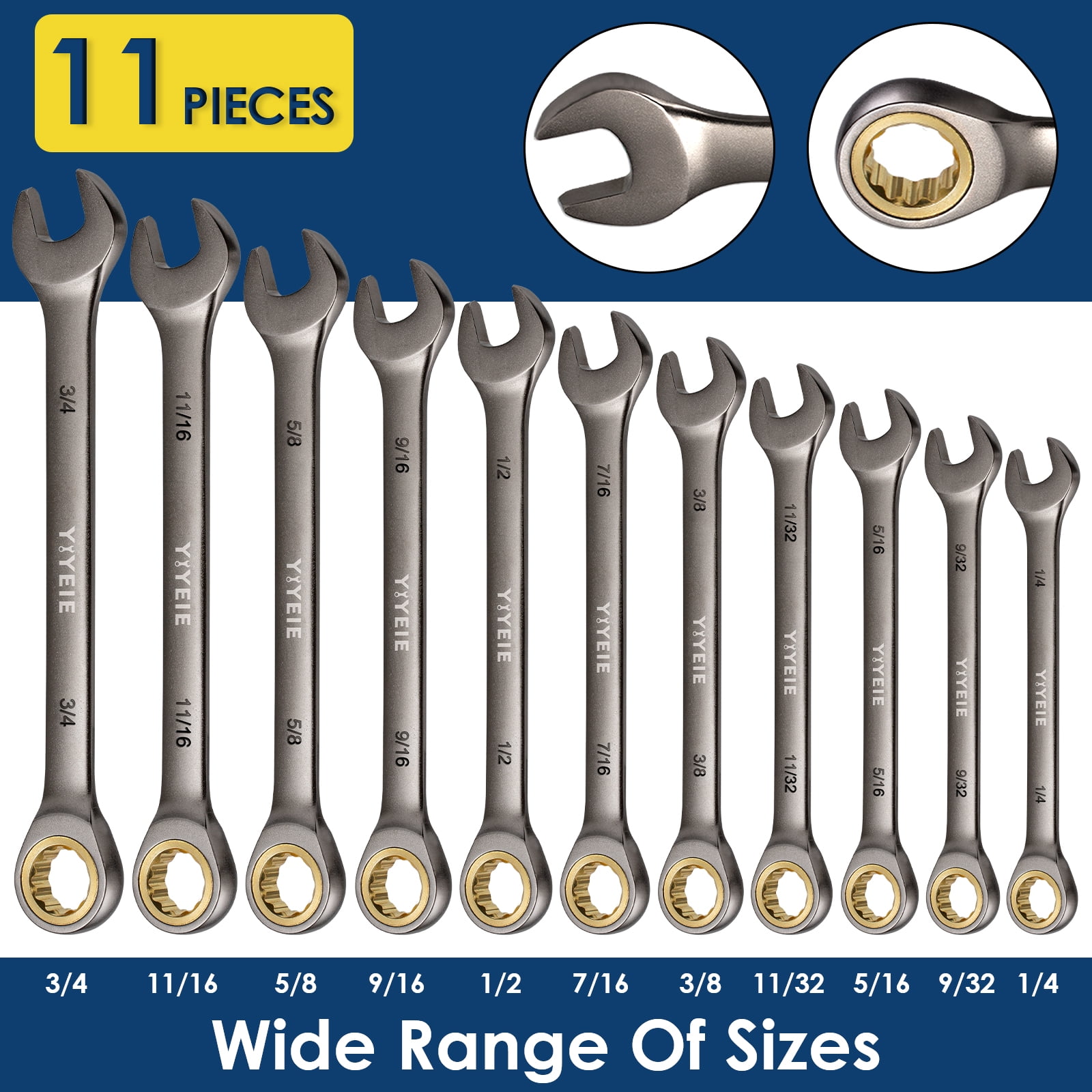 11Pcs Ratcheting Wrench Set , SAE 1/4“-3/4”, Combination Wrench Set in Cr-V Steel with Wrench Storage Pouch