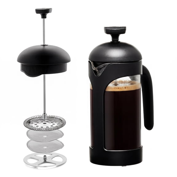OVENTE 12oz French Press Coffee Maker with 4-Level Filtration, Black FPB12B, Heat Resistant Borosilicate Glass Pot, Dishwasher Safe Stainless Steel Filter, Portable Cafetiere for Travel, Camping