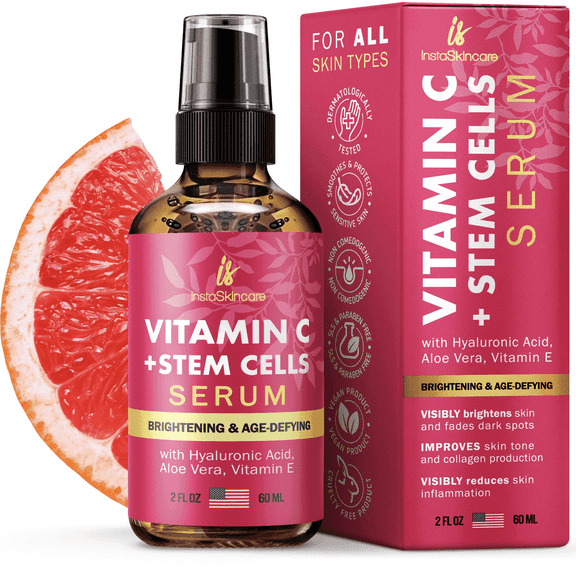 InstaSkincare Vitamin C Face Serum, for Skin Brightening, with Hyaluronic Acid & Stem Cells, 2 oz