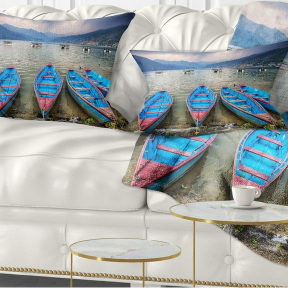 Designart Row of Blue Boats in Pokhara Lake - Boat Throw Pillow - 12x20