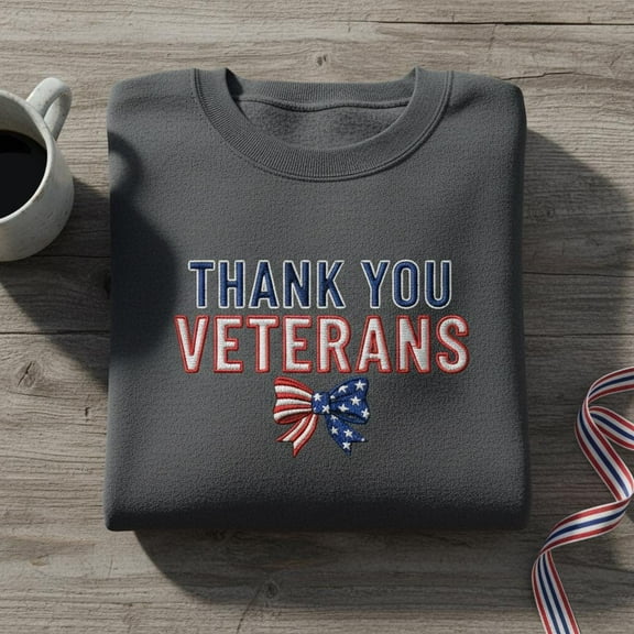 Thank You Veterans Embroidered Sweatshirt, Patriotic Military Appreciation Crewneck, USA Flag Bow Gift, Veteran Day Shirt
