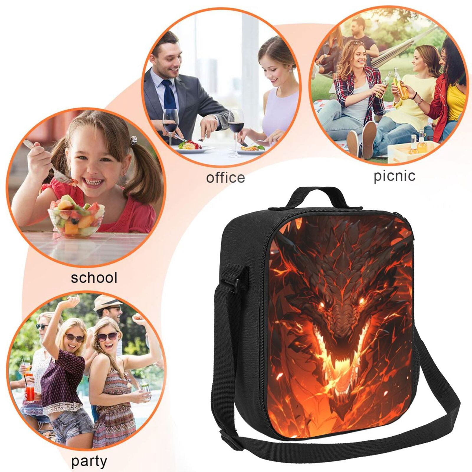 Rateoe Magma Fire Black Dragon Lunch Bag Reusable Lunch Box with Shoulder Straps for Men Women Insulated Portable Lunchbox for adults Suitable for School Work Picnic