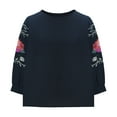 thumbnail image 5 of Dazajoo Long Sleeve Cotton Linen Shirts for Women Floral Embroidered Crew Neck Peasant Blouse Ethnic Style Boho T-Shirts,Navy,L, 5 of 6