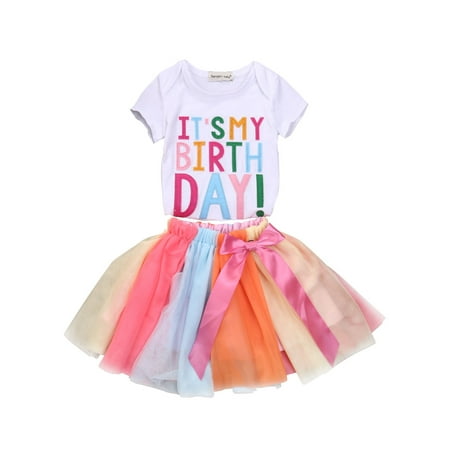 

Girls It s My Birthday Print Shirt Tutu Skirt Dress Outfit Set