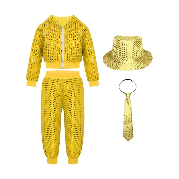 TiaoBug Kids Boy Girls Sparkly Hip Hop Jazz Street Dance Costume Long Sleeve Hooded Jacket Pants with Hat Necktie Set Yellow 12-14