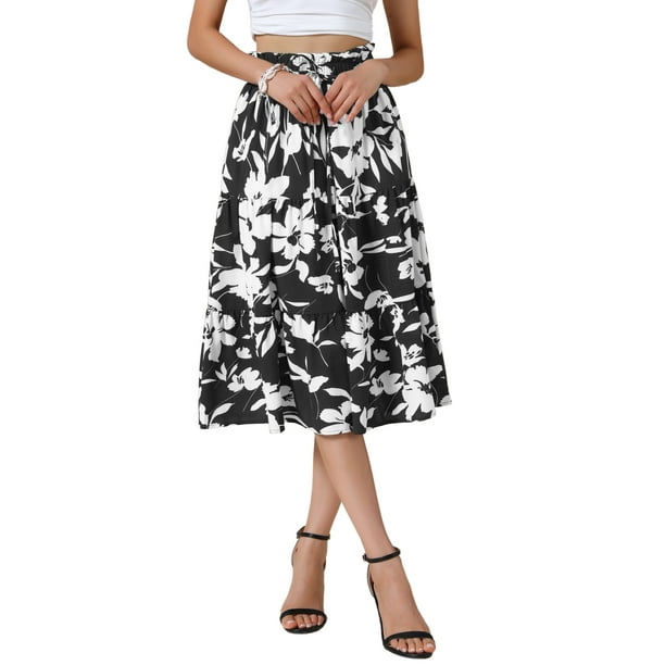 Falda Midi Floral INSPIRE CHIC para Mujeres, Verano, Cintura Elástica, Casual Elegante, Falda A-line Boho, L Negro