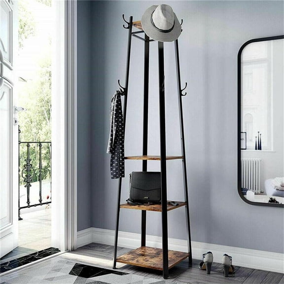 LUVODI Industrial Coat Rack with 4 Shelves 8 Hooks Hall Tree Garments Storage Stand Bedroom Entryway
