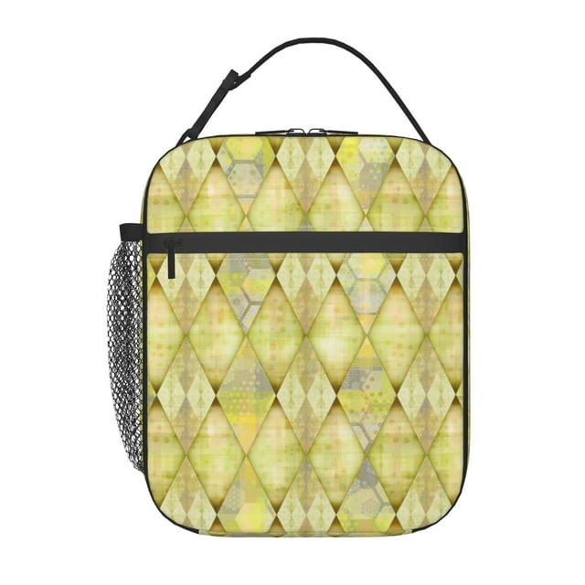 YFYANG Réutilisable Adulte / Enfant Portable Lunch Sac, Yellow Diamond Pattern Mains Libres Poignée de Boucle Isolation / Sac Froid pour l'École, le Travail, les Pique-Niques, Voyage