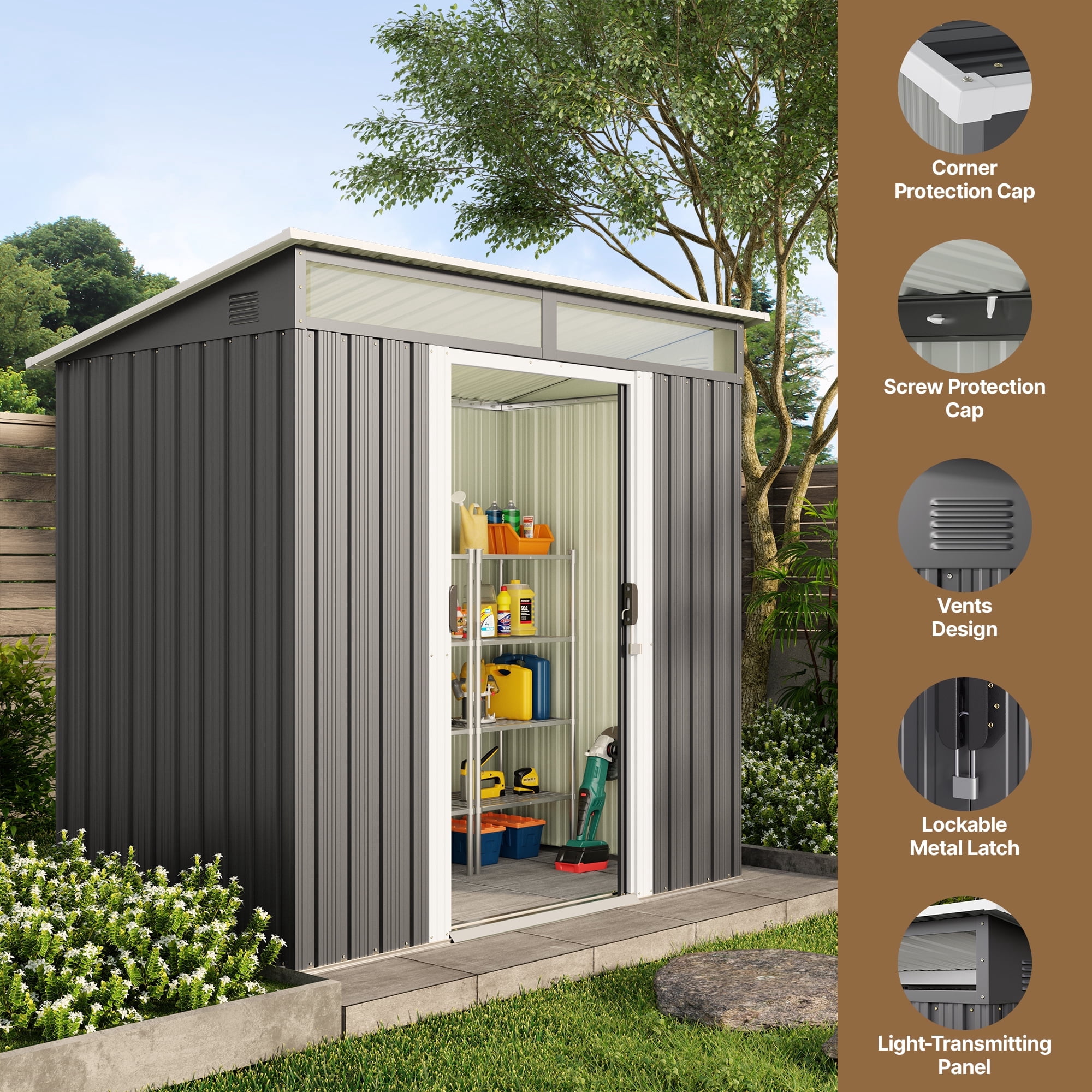 6x4 FT Shed Outdoor Storage Shed, Lofka Metal Garden Shed with Lockable Sliding Door & Slooping Roof, All-Weather Tool Shed for Backyard, Gray