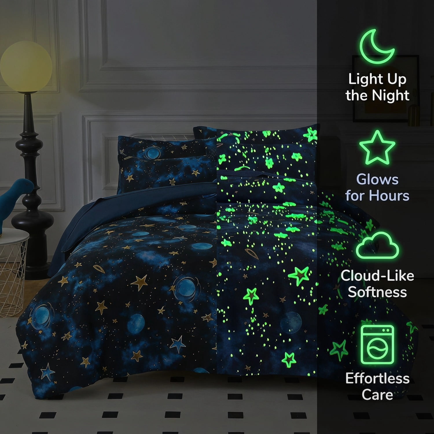 Unbranded Glow in The Dark Kids Comforter Set, 5 Pieces Blue Space Bedding Set Twin Size for Boys Girls Teen, 1 Comforter, 1 Pillowcase, 1 Pillow Sham, 1 Flat Sheet, 1 Fitted Sheet