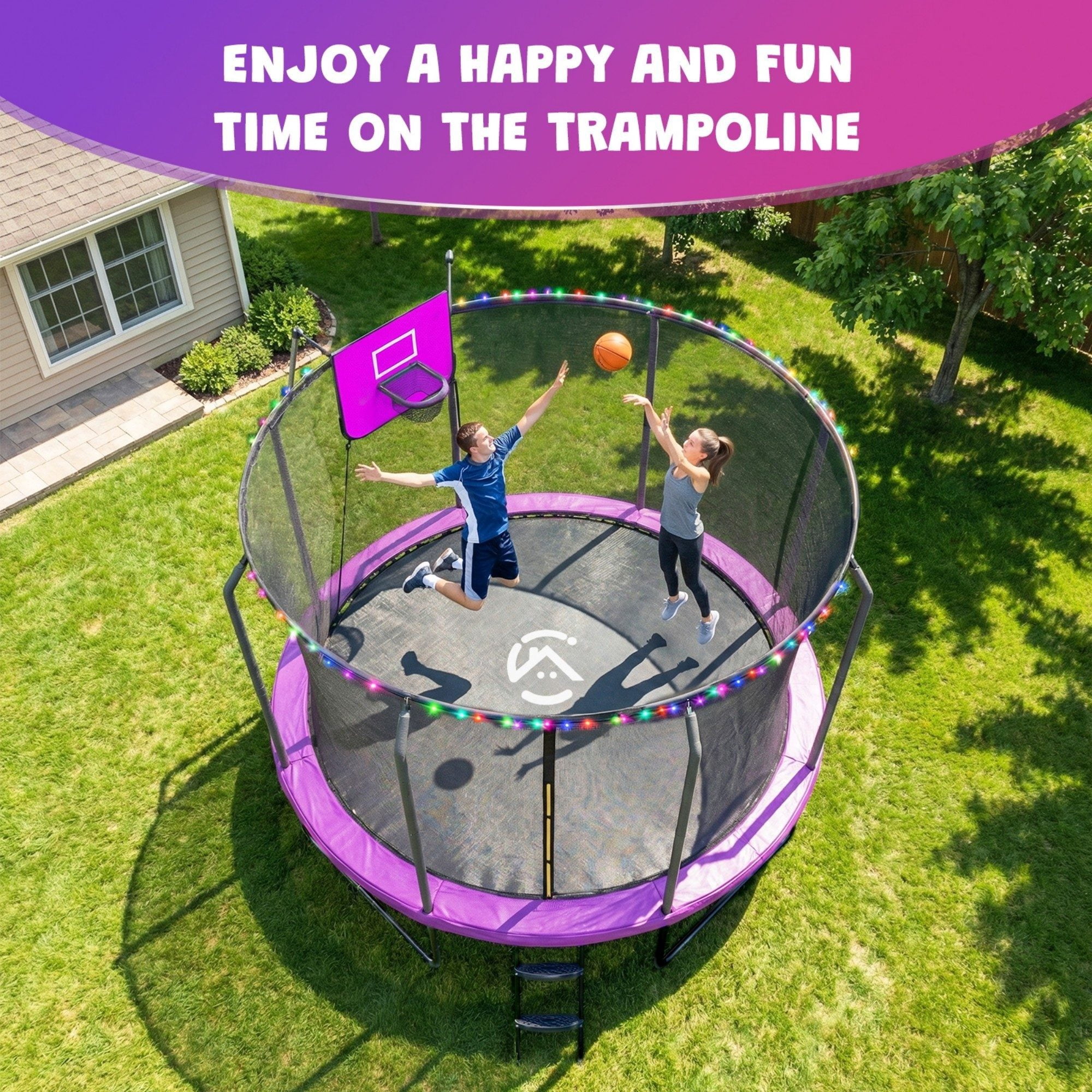 ACWARM HOME 2025 NewTrampoline 14FT Premium Blue Trampoline with Basketball Hoop and LED Lights Recreational Trampolines for Kids and Adults with Net and Ladder