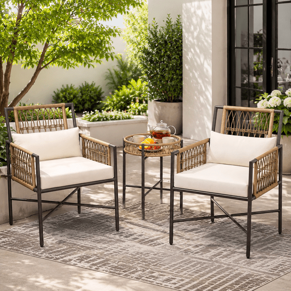 KAMEROUT 3 Pieces Patio Furniture Set, Outdoor Wicker Bistro Set with Beige Cushions for Patio, Balcony, Backyard