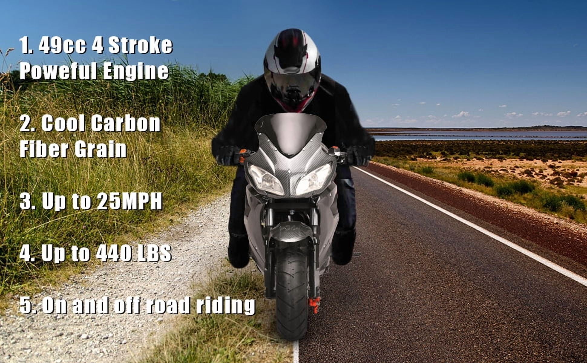 Korogimeeet Gas Powered Black Mini Street Bike 49cc 4-Stroke, Hand-Pull Start, Hydraulic Suspension, 6.5 Inch Tires, 25MPH Max Speed, 60 Min Range, 200kg, 47 x 28 x 22 Inch