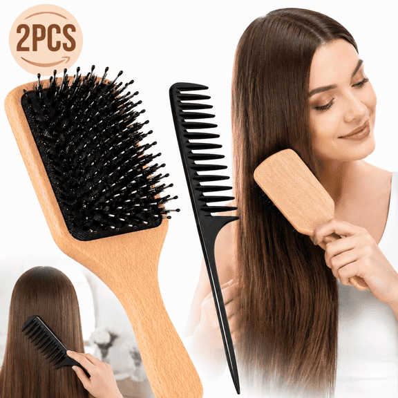 2 PCS Paddle Hair Brush and Wide Tooth Comb Set, Wooden Hair Brush  for Women and Men, Detangling Brush for Long, Short, Thick, Thin, Straight and Curly Hair