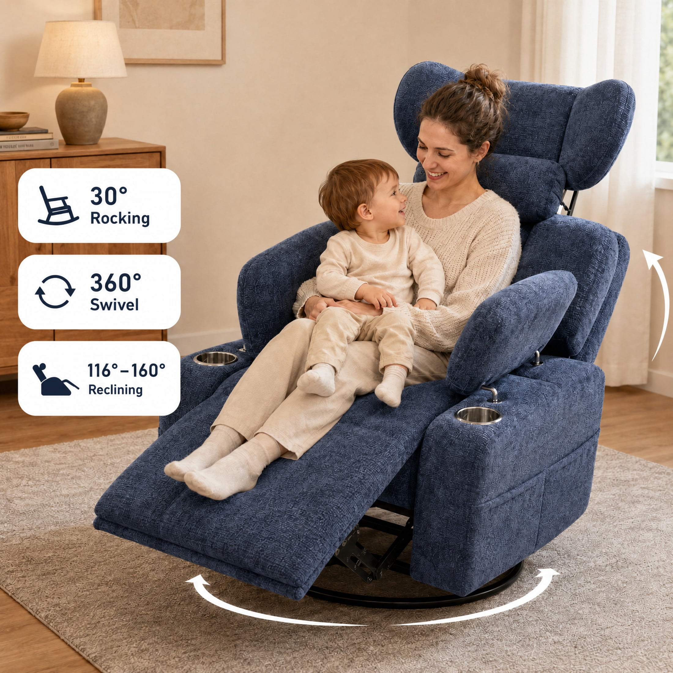GDF Studio Turden 360° Swivel Manual Rocking Recliner with Detachable Neck Pillow, Versatile Lounge Chair, Blue