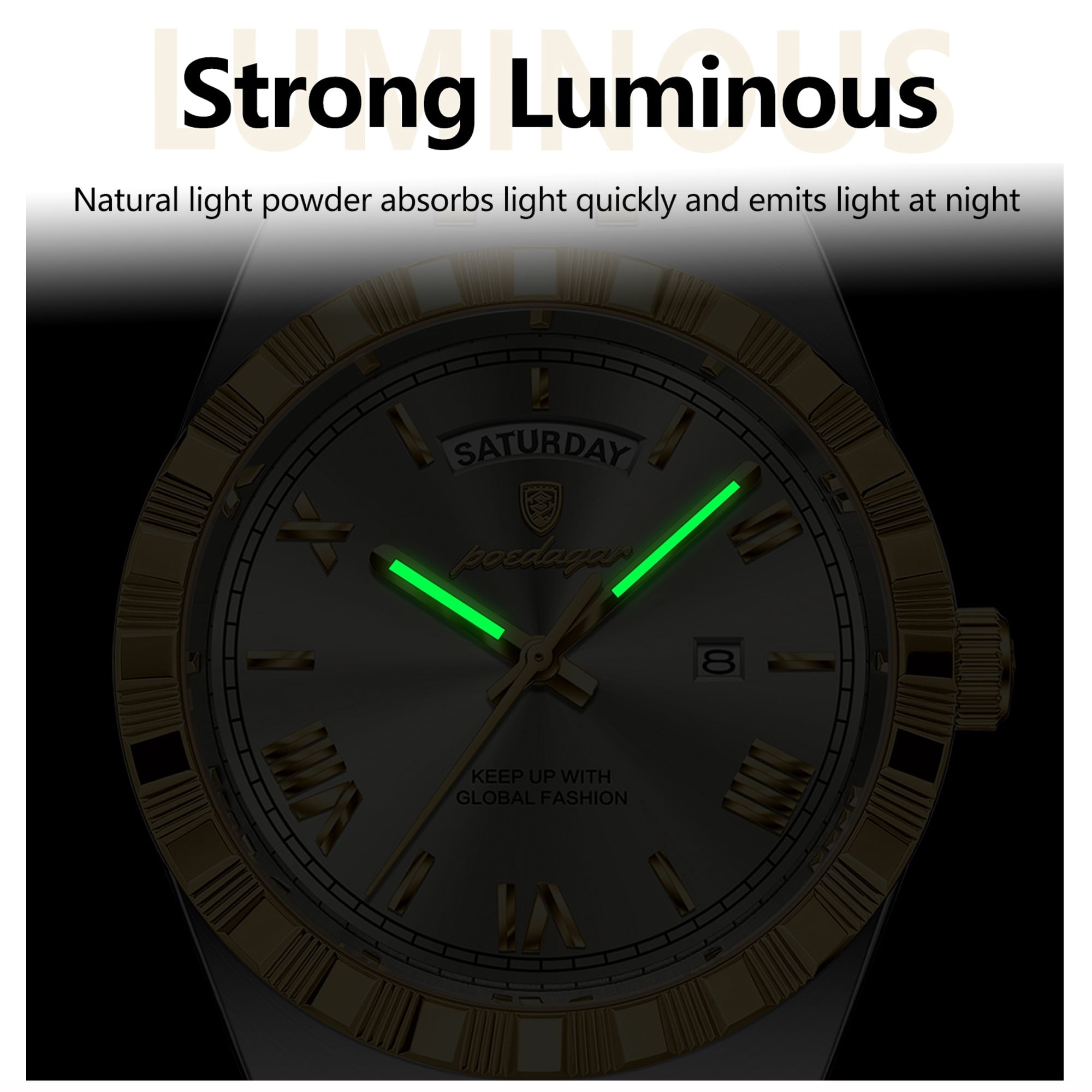 POEDAGAR Luxury Men's Waterproof Luminous Wrist Watch with Date Week Display Stainless Steel Strap