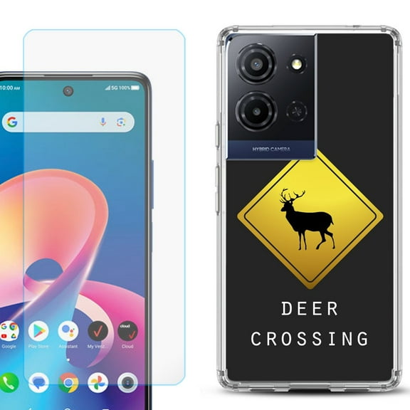 For TCL K32 5G Protective Shockproof Phone Case with Tempered Glass Screen Protector, by OneToughShield - Road Sign Deer