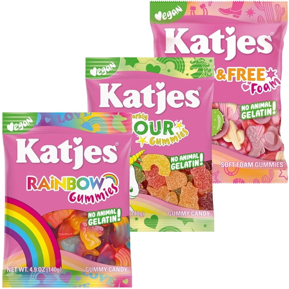 Katjes Rainbow, Sour, Wild & Free Vegan Gummy Variety Pack, Gelatin Free, 3 Pack