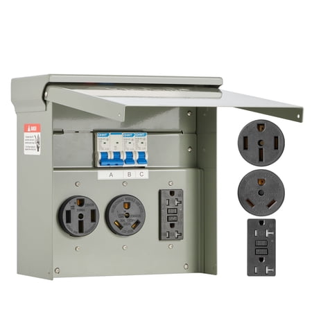 VEVOR Temporary Power Outlet Panel,20 30 50 Amp, RV EV Electrical Outlet Panel, with NEMA 50 Amp NEMA 30 Amp GFCI 20 Amp Receptacle Installed, Pre-Wired IP54 Weatherproof Box,for RV Camper Motorhome