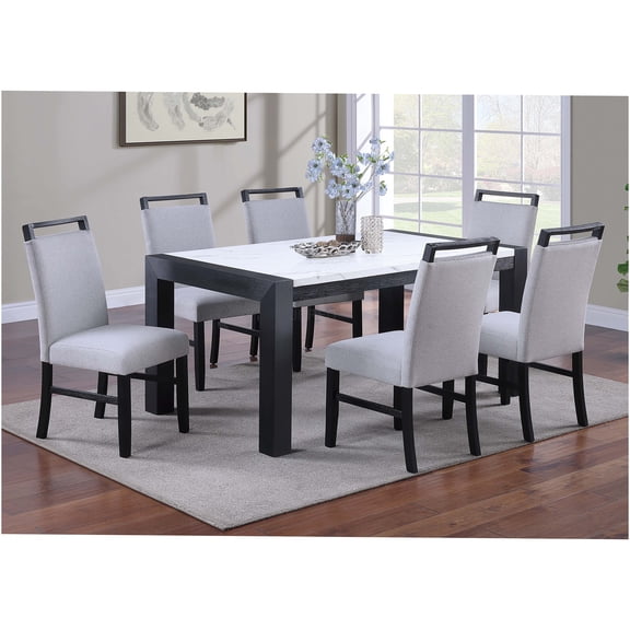 JERFIT 7-Piece Dining Set with Faux Marble Tabletop and Upholstered Chairs, Charcoal and White Modern Kitchen Table for 6