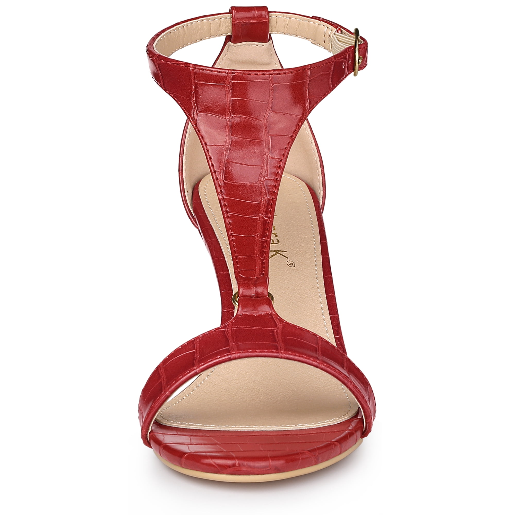 DARING DIVA Women's T Strap Embossed Kitten Heel Sandals Red 8.5