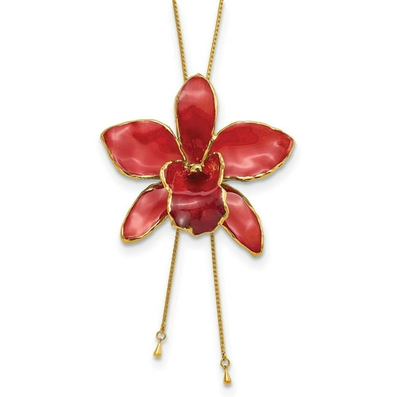 Other Metal Necklace with Pendants Chain 24K Gold-trim Lacquer Dipped Red Real Cattleya Orchid Slip-on Adjustable Gold-tone inch