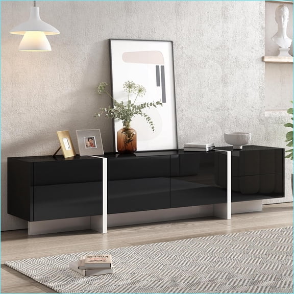TV Furniture Modern White & Black TV Stand with High Gloss UV Surface | Fits TVs Up to 80'' | Particle Board