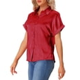 thumbnail image 4 of INSPIRE CHIC Women's Satin Shirt Button Down Short Sleeves Casual Blouse Red L, 4 of 5