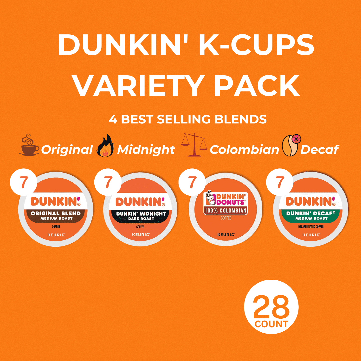 Dunkin K-Cups 28-Count Variety Box: Original, Colombian, Dark Roast, Decaf - Keurig Coffee Pods Assortment with Recipe eBook