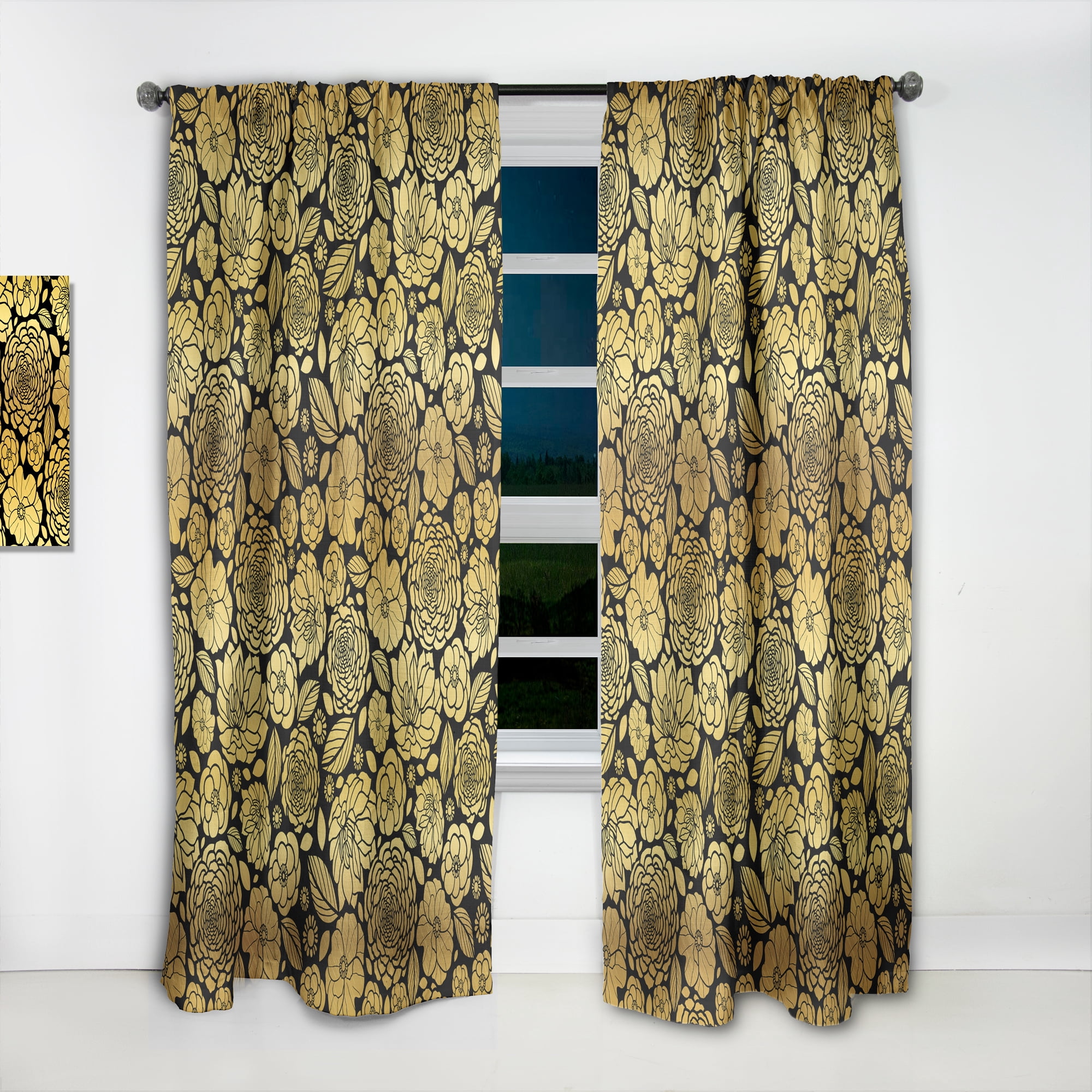 Designart 'Golden Floral Retro II' Mid-Century Modern Curtain Panel