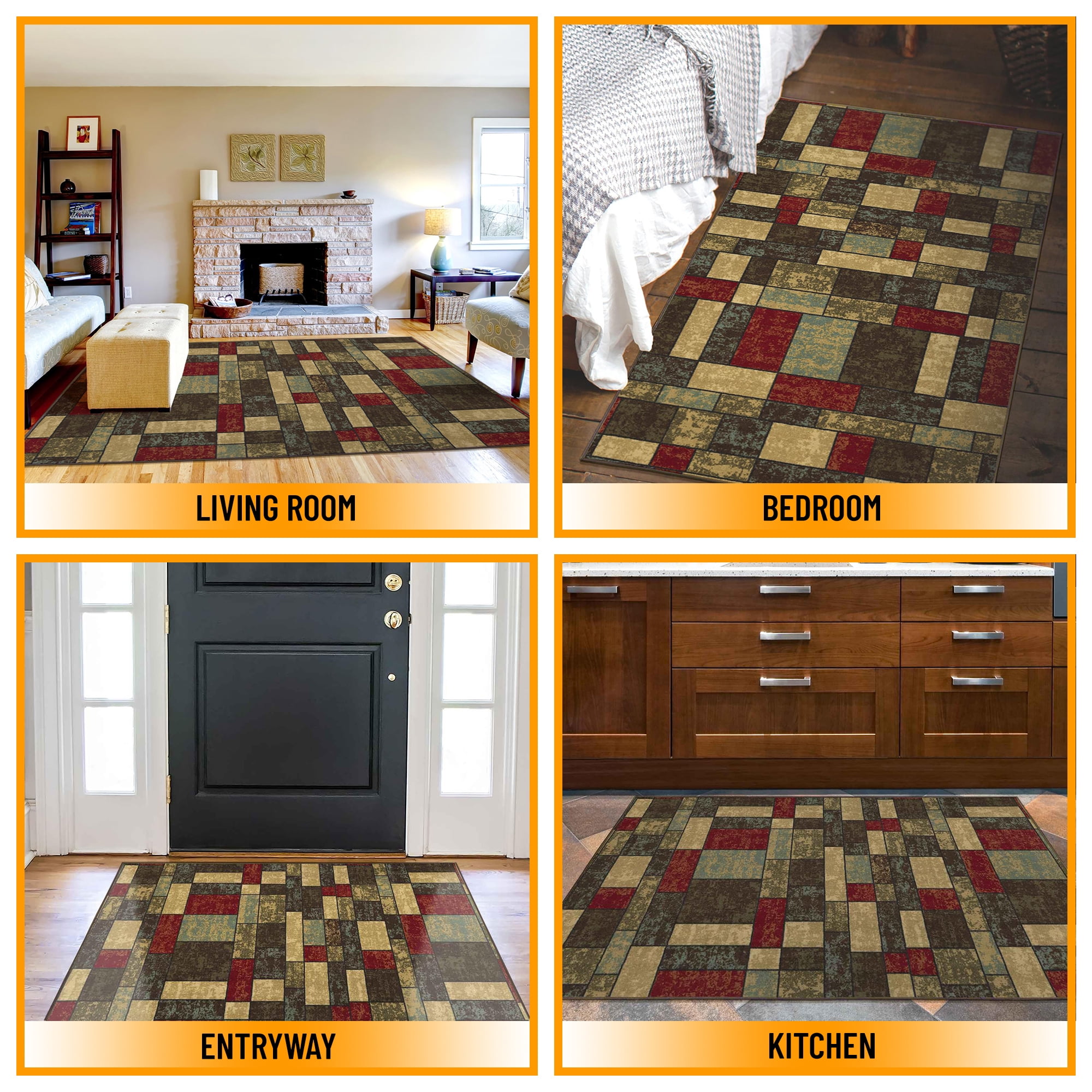 Ottomanson Boxes Area Rug 5' x 6'6" - Non Slip Low Pile Carpet, Multicolor