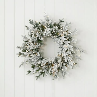 Seasonal LLC Dandan Flocked Pine 24 inches Diameter Wreath with Warm LED Lights