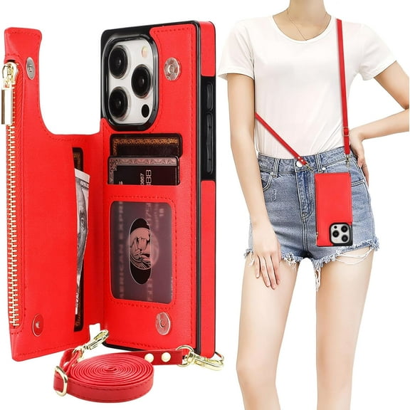 Crossbody Wallet Case for iPhone 15 Pro Max with RFID Blocking Card Slot Holder, Magnetic Flip Folio Purse Case, PU Leather Zipper Handbag with Detachable Lanyard Strap 6.7 Inch 5G (Red)